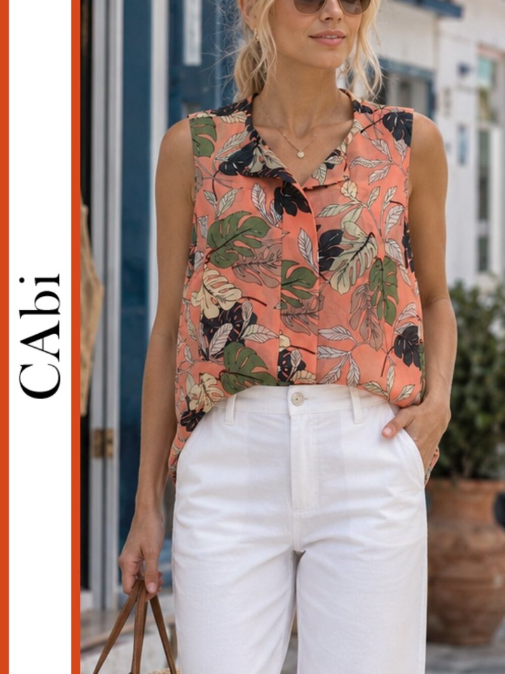 CAbi | 'Tropical' Palm Leaf Printed Blouse Top